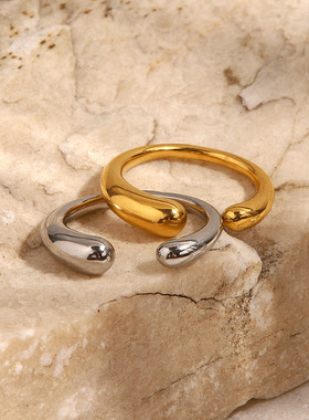 ins钛钢椭圆开口戒指女潮网红时尚百搭个性水滴食指戒冷淡风饰品