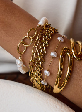 欧美金不锈钢珍珠手链轻奢高级感不掉色钛钢饰品