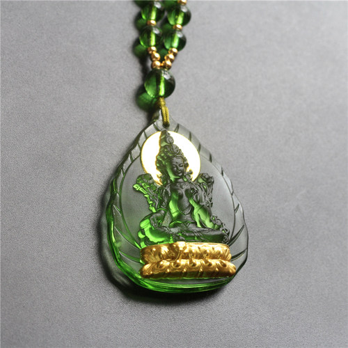 定制古法琉璃绿度母男项链文殊菩萨护身符挂件女款药师佛饰品吊坠 - 图0
