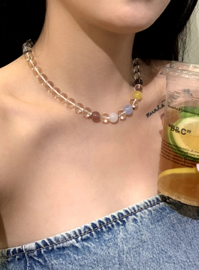 JILIFANG 夏日清凉 多彩串珠白水晶多巴胺轻奢高级感项链锁骨链女