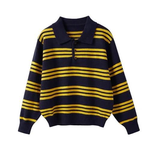 【蜜蜂欢乐社】-二茵ERYN秋冬新款撞色套头条纹POLO领针织衫 - 图1