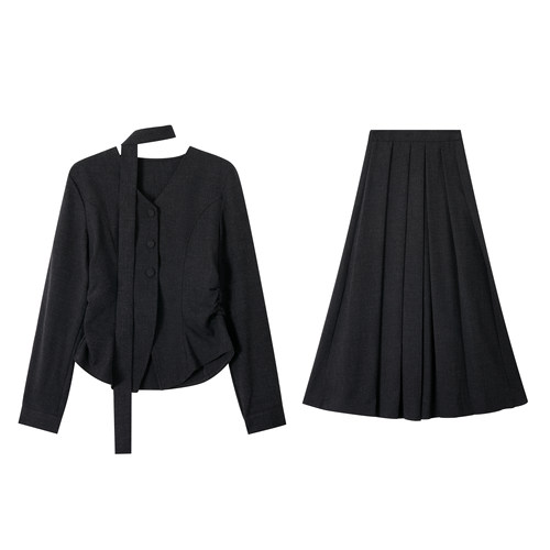 【蜜蜂欢乐社】二茵ERYIN早秋新款飘带西装长裙显瘦气质两件套 - 图2