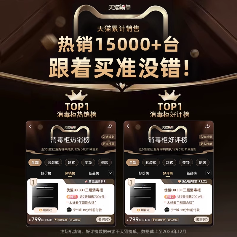 优盟消毒柜家用嵌入式小型厨房碗筷柜消毒烘干二星120L三层大容量