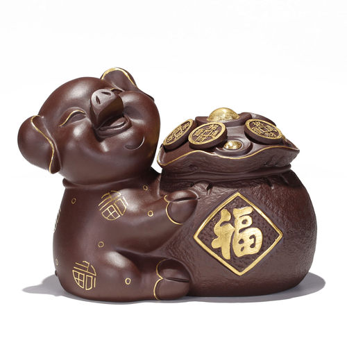 金猪纳福 茶宠 原矿紫泥 宜兴紫砂雕塑 做工精致高档茶宠摆件 - 图0