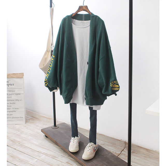 Korean simple Korean fan loose large size pure cotton wool coil letter printing cardigan sweater women's coat autumn mid-length