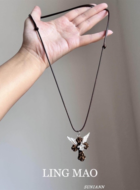 辣妹天使之翼豹纹十字架项链小众