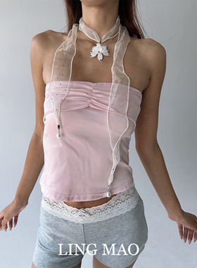 氛围感波点微闪丝带白色花朵项链