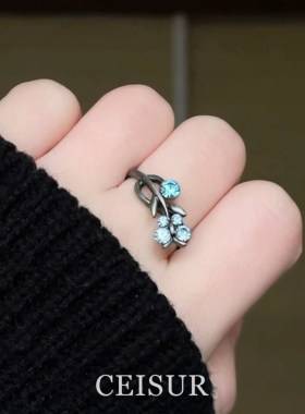 黑色仿锆石蝴蝶枝叶戒指时尚小众