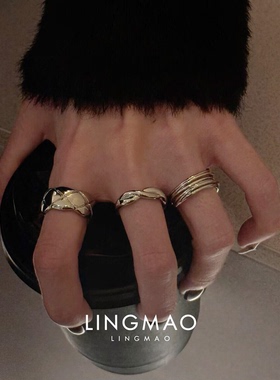 老钱风菱格纹银色宽口戒指高级感