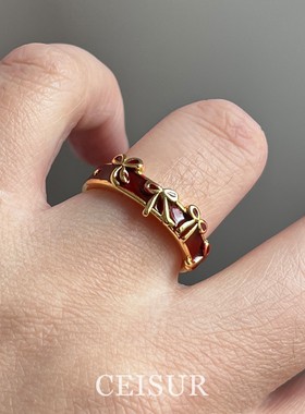 韩系ins风红色滴油蝴蝶结戒指女