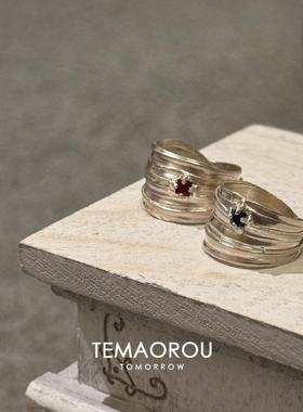 丝带打结蓝钻宽口戒指小众高级感