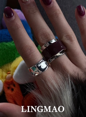 酒红色宽版戒指时尚精致小众设计