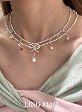 法式双层仿珍珠蝴蝶结项链高级感