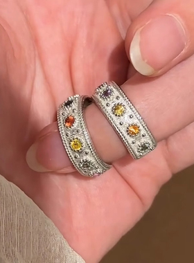 中古拉丝彩色仿锆石戒指小众时尚