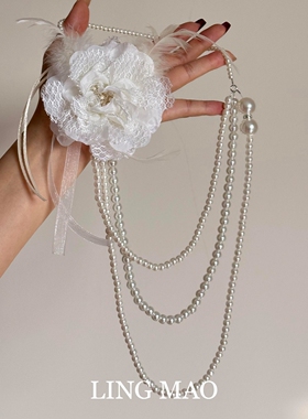 白色蕾丝花朵仿珍珠项链百搭时尚