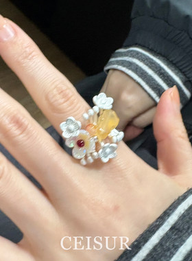 新中式手工串珠白色花朵戒指小众