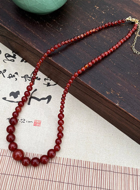 复古简约红色玛瑙串珠项链新中式