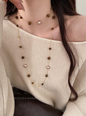 美拉德复古仿虎眼石珍珠串珠项链