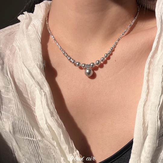 碎银S家仿珍珠项链女款2025新款爆款颈链渐变串珠锁骨链秋冬ins风