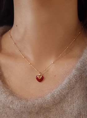 酒红色复古滴釉爱心项链毛衣链冬