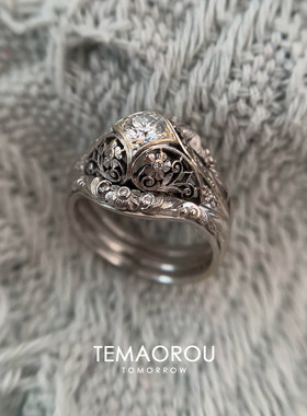 Vintage做旧银黑色镂空繁花戒指