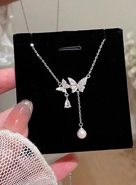 韩系清冷感银色蝴蝶仿珍珠项链女