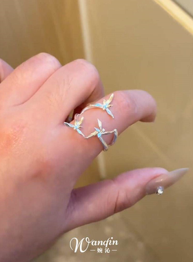 新中式银色兰花戒指轻奢小众简约