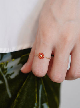 小清新简约红色小花戒指独特漂亮