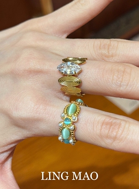 中古叠戴金色闪钻戒指高级感轻奢