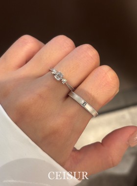 2025新款中古老钱风银色拉丝点钻情侣对戒气质高级百搭氛围感指环