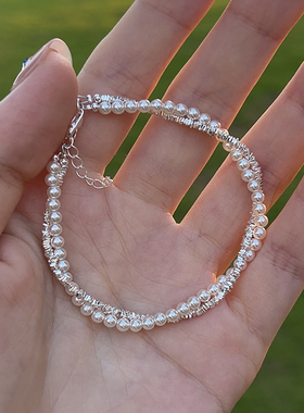 千金感叠戴仿珍珠碎银子手链女生