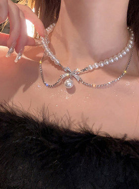 双层蝴蝶结仿珍珠项链女轻奢小众