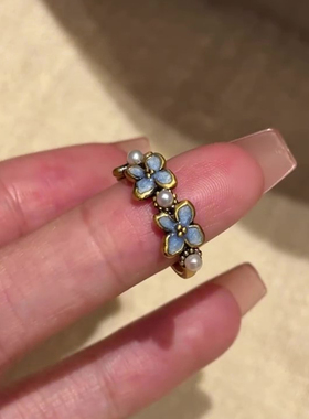 S925纯银中式蓝滴釉花朵珍珠戒指