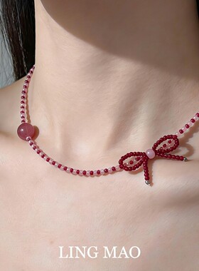 法式复古粉色蝴蝶结串珠项链甜美