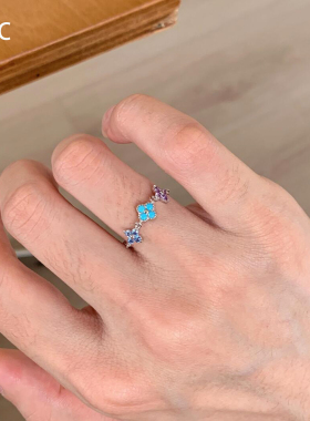 S925纯银彩色锆石四叶花戒指精致