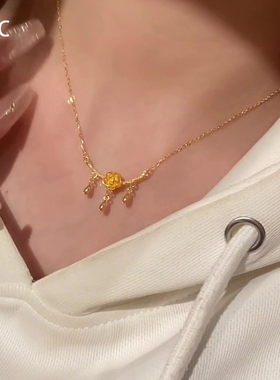 S925纯银新中式金色玫瑰花朵项链