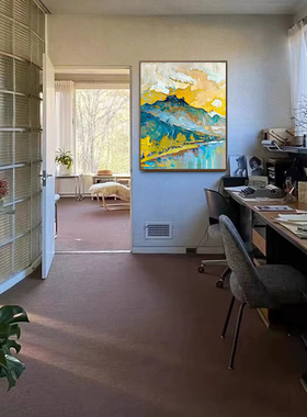 原创 |《金蓝映山》纯手绘油画限量玄关装饰画客厅中古新中式挂画