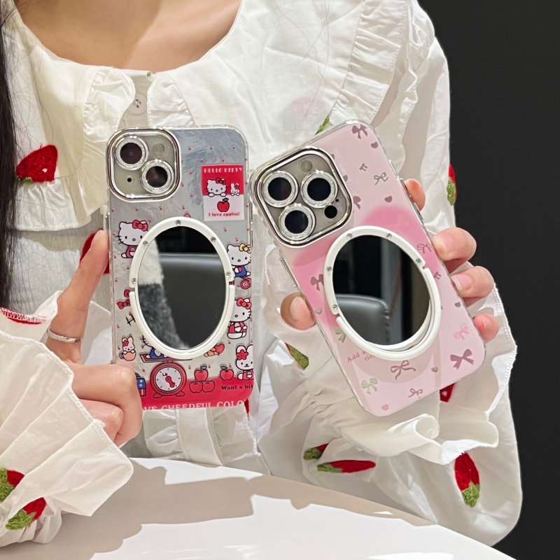 可爱少女kt猫锡纸适用16苹果17promax手机壳镜子iphone15粉色爱心蝴蝶结羽纱14/13闪粉镜头全包软硅胶冰川纹-图1