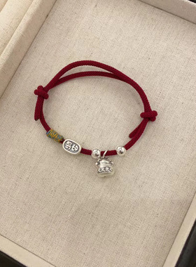 足银999纯银天天开心招财猫本命年编织红绳手链男女款情侣款批发