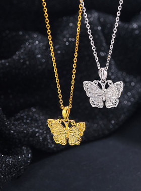 帝丰s999足银花丝蝴蝶项链女古法吊坠国潮风锁骨链高级感气质配饰