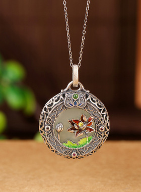 荷塘月色复古珐琅香囊吊坠女仿和田玉项链莲花项坠国风挂坠毛衣链