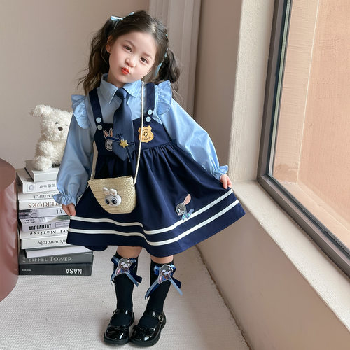 女童学院风连衣裙秋装2025新款兔子警官衣服儿童洋气宝宝公主裙子 - 图2