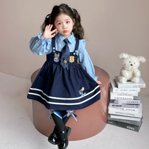 女童学院风连衣裙秋装2025新款兔子警官衣服儿童洋气宝宝公主裙子 - 图0