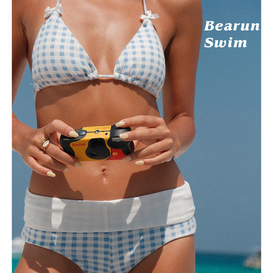 BEARUN SWIM bikini a cuadros con cuello halter 2025 nuevo traje de baño dividido con realce de pecho pequeño para playa junto al mar