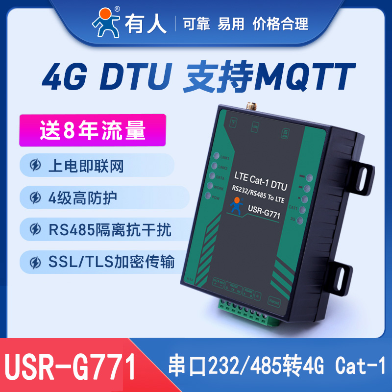 Cat1 dtu模块串口232/485转4g通信数据透传MQTT传输有人USR-G771 - 图0