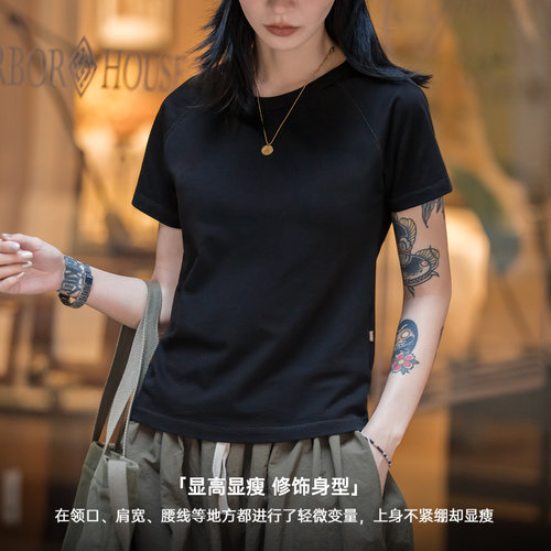 马登黑白灰色纯棉基础款打底磨毛合修身插正肩短袖T恤上衣女士夏 - 图0