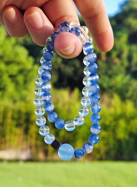 春莳「浔蘭」小众原创天然白水晶蓝晶石双圈手链手串送礼饰品