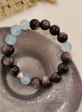 春莳.「 静观山河」清冷感~天然银曜石海蓝宝S925纯银手链手串