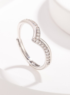 抖音直播时尚简约V形戒指女 不对称镶钻食指戒叠戴风小众设计手饰