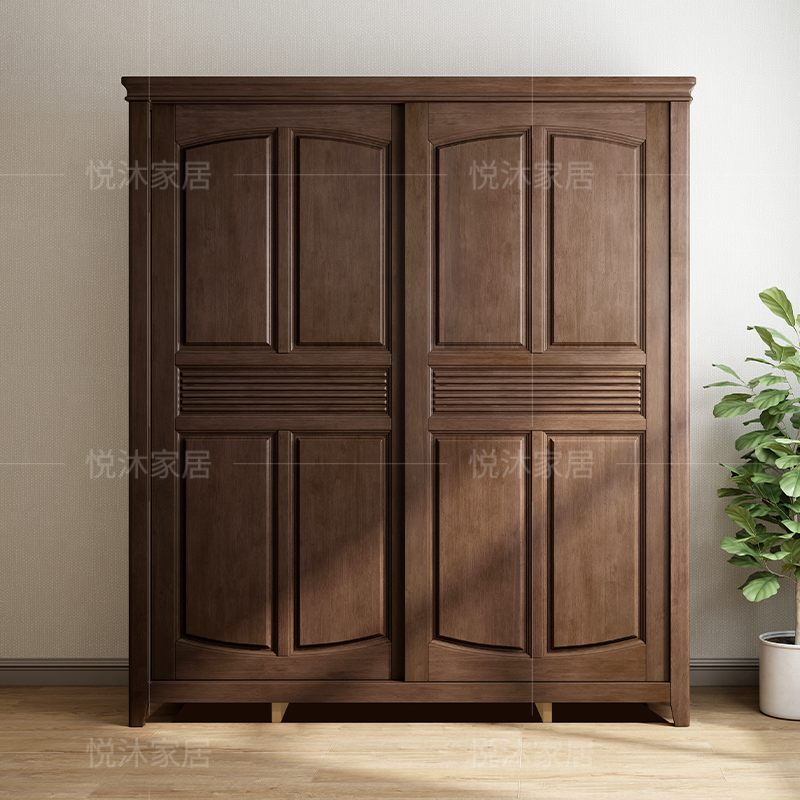 美式乡村实木衣柜现代简约推拉滑移门两门衣柜复古衣橱卧室木家具-图0